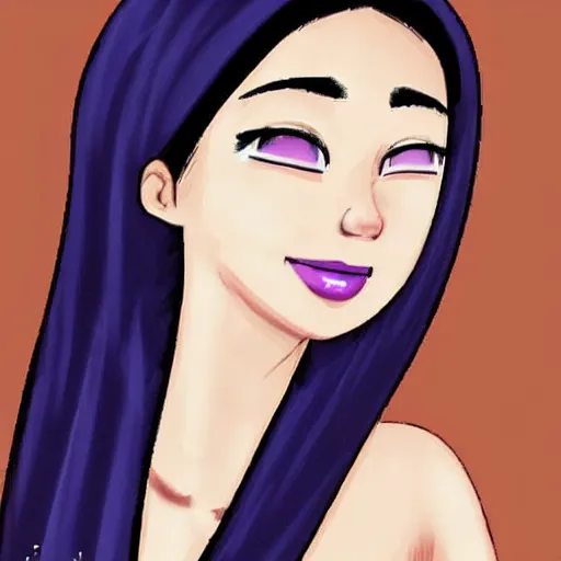 Prompt: zi di had a head of curvy black hair, and her pale skin glistened with sweat, giving her a delicate appearance. her features were defined, and she had a beautiful smile beyond the ordinary. she had a slim body. the most attractive part of her was her big, purple eyes, shining like clear amethyst.