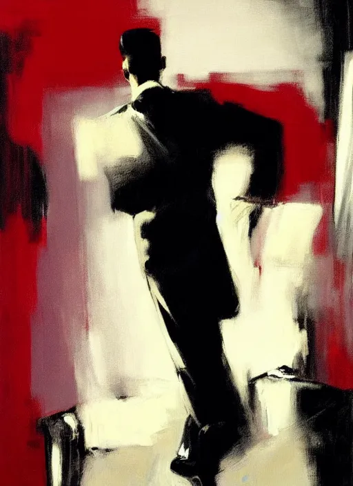 Prompt: agent dale cooper, red curtains, mysterious!! painting by phil hale, 'action lines'!!!, graphic style, visible brushstrokes, motion blur, blurry