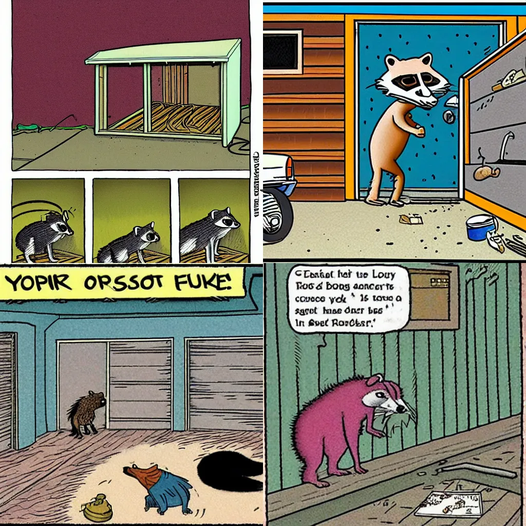 Prompt: a Farside cartoon about a raccoon digging through garage by Gary Larson