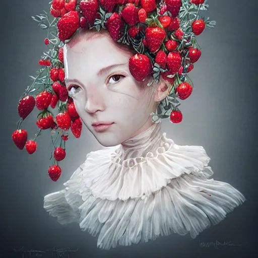 Image similar to the portrait of an absurdly beautiful, graceful, elegant, sophisticated, fashionable little girl made of strawberries and white petals looking down, an ultrafine hyperdetailed illustration by kim jung gi, irakli nadar, intricate linework, bright colors, octopath traveler, final fantasy, unreal engine 5 highly rendered, global illumination, radiant light, detailed and intricate environment