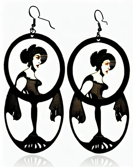 Prompt: aubrey beardsley, the climax, 2 d lasercut earrings,