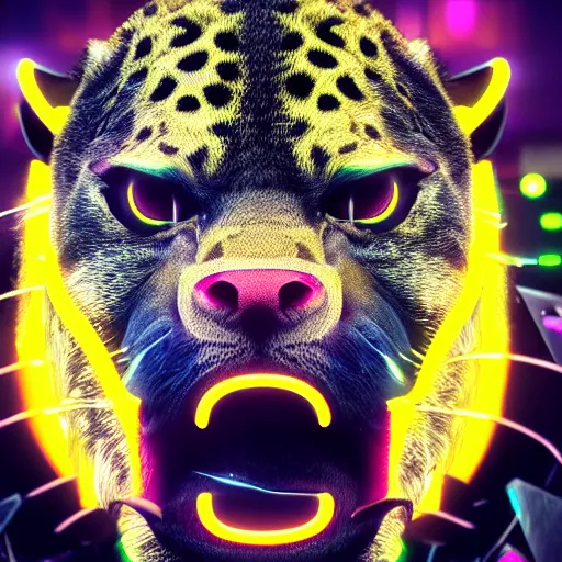 Image similar to portrait of a neon cyberpunk jaguar animal snarling, octane render