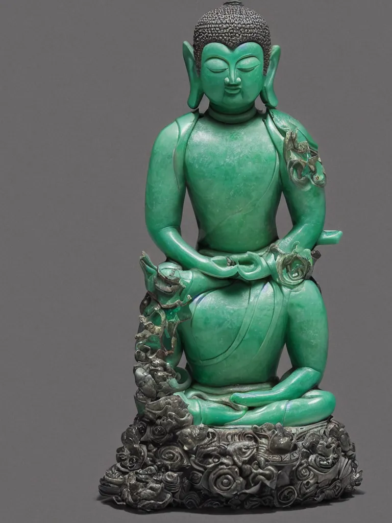 Image similar to beautiful detailed jade sculpture of meditating buda with with metal lotus flower on his head, in a gallery setting, influenced by ruan jia and greg rutkowsk. professional studio photo, full object in middle, well centered, 1 5 0 mm lens, high definition