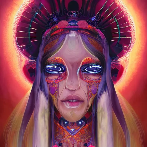 Image similar to portrait of a beautiful goddess hot future metaverse Ayahuasca tech shaman warrior, 2D cartoon, visionary art, symmetric, Magick symbols, holy halo, shipibo patterns, sci-fi, concept art, trending on art station, 8k digital art, by Mandy Jurgens, fantasy portrait art, anime, 8k resolution