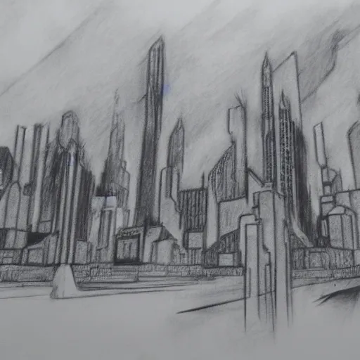 Image similar to charcoal drawing of a cyberpunk city