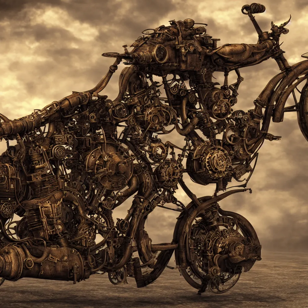 Image similar to steampunk style motorcycle, photorealistic, 3 d rendering, cute, unreal engine, bokeh