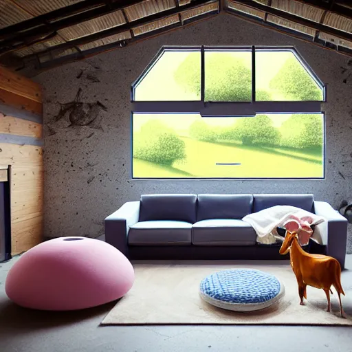 Prompt: interior view of modern futuristic farm barn architecture and interior design showing cows laying down on sofas and pigs and chickens sitting in lounge chairs, wall art, throw pillows, areas rugs, feed troughs, hay, detailed luminescent oil painting 4 k