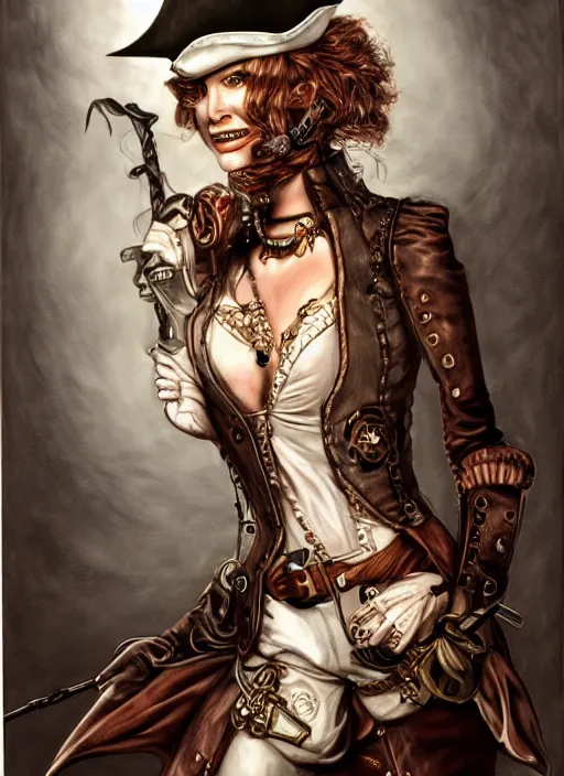 Image similar to a drawing of a woman wearing a pirate costume, a character portrait by Steve Argyle, featured on deviantart, modern european ink painting, steampunk, detailed painting, airbrush art