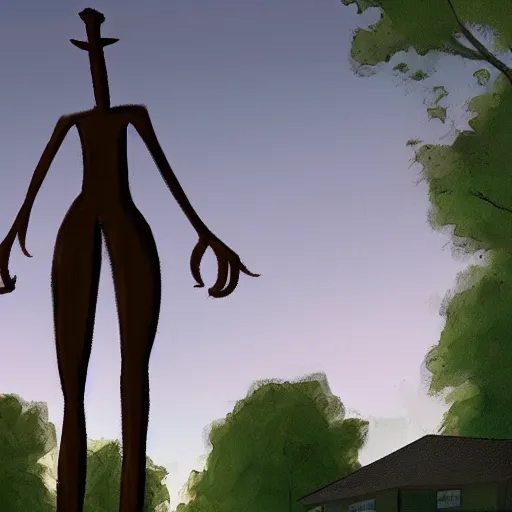 Image similar to a tall monster with elongated limbs walking through a suburban neighborhood, realistic lighting