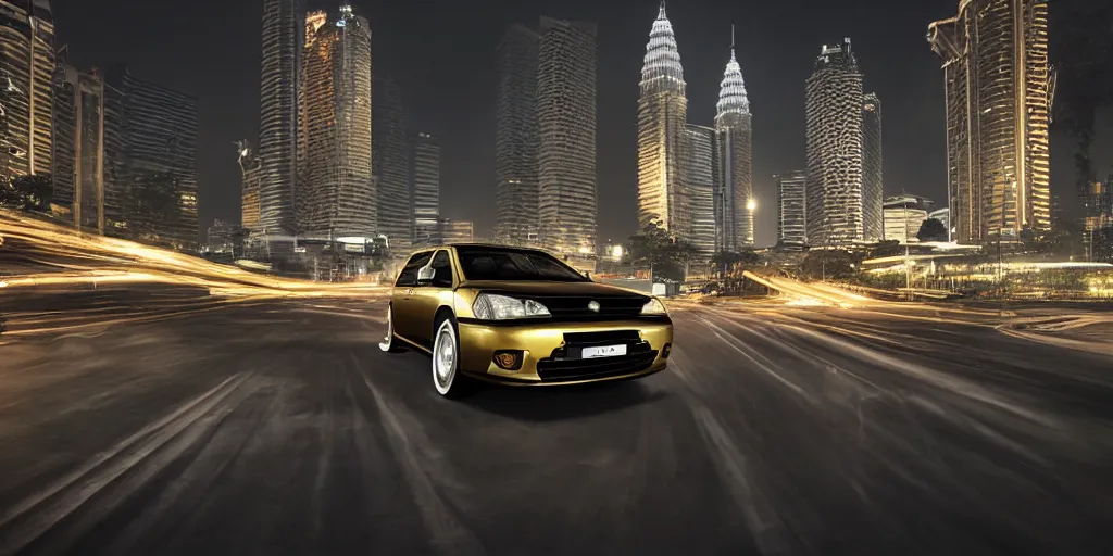 Image similar to proton saga in the middle of a malaysia city at night, gold black color, unreal 5, hyperrealistic, realistic, photorealistic, dynamic lighting, highly detailed, cinematic landscape, studio landscape, studio lighting