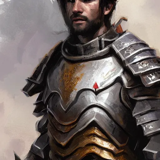 Image similar to 'portrait human male paladin in chainmail, art by Greg Rutkowski, 4k'