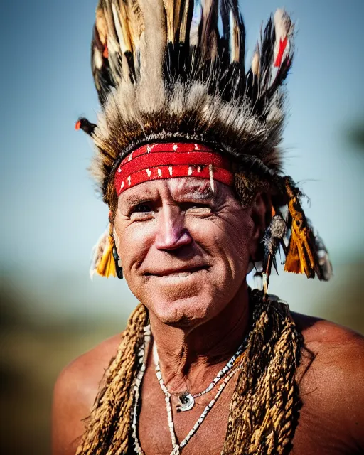 Prompt: a portrait photograph of Joe Biden as a tribal shaman from the stone age, DSLR photography