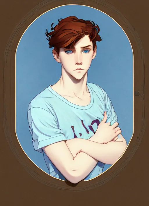 Image similar to art nouveau portrait of a teen boy with completely straight auburn hair, light blue eyes, pale skin, freckles, sad expression, t - shirt, modern casual clothing, natural lighting, path traced, highly detailed, high quality, cartoon, digital painting, by don bluth and ross tran and studio ghibli and alphonse mucha