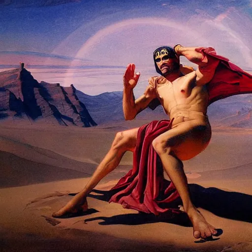 Image similar to Silk sheet intercession desert the tempest male Bedouin under crimson azure diamond sky, in the style of Frank Frazetta, Jeff Easley, Caravaggio, extremely clear faces coherent, clear lines, 8K revolution