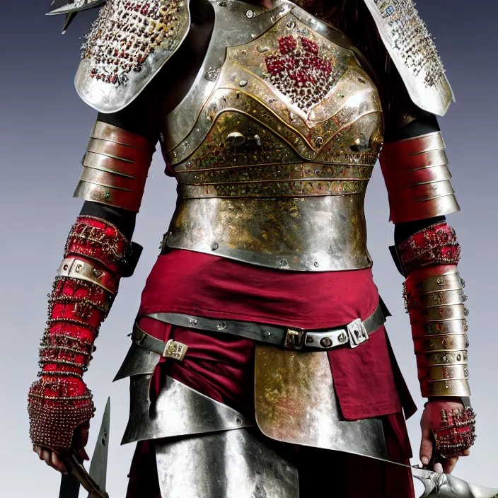 Prompt: photograph of a real-life female warrior with ruby encrusted armour. Extremely detailed. 8k