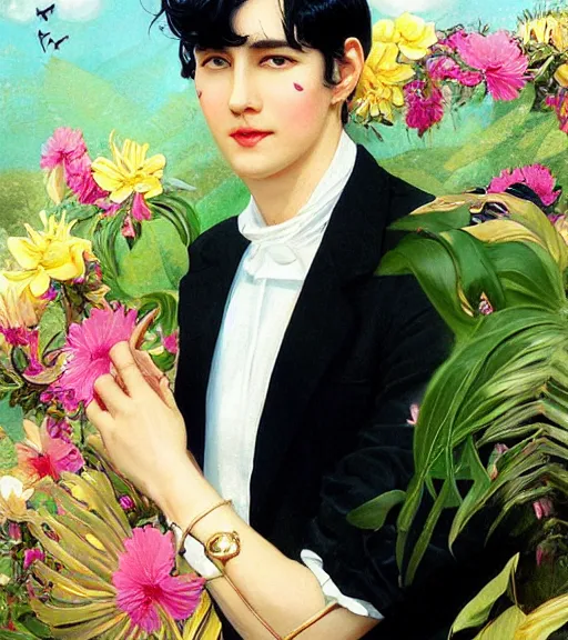 Prompt: harmony of swirly black haired yoongi ( slicked back hairstyle, forehead showing ) wearing white greek clothes, smirking, gold earrings muted colors, colorful flowers, tropical, sunlight filtering through skin, dynamic hair movement, dynamic pose, glowing butterflies, j. c leyendecker, by alan lee, wlop! illustrated by starember, fantasy art by craig mullins