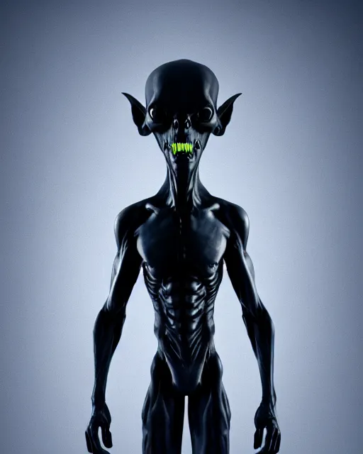 Prompt: full body dark and intimidating portrait of an angry grey alien with sharp glowing black eyes, standing upright with blue wispy light highlighting from behind its figure on a black background, scary, dark and high resolution, 3 d, rim lighting, octane render, 8 k, ultra detailed, photorealistic,