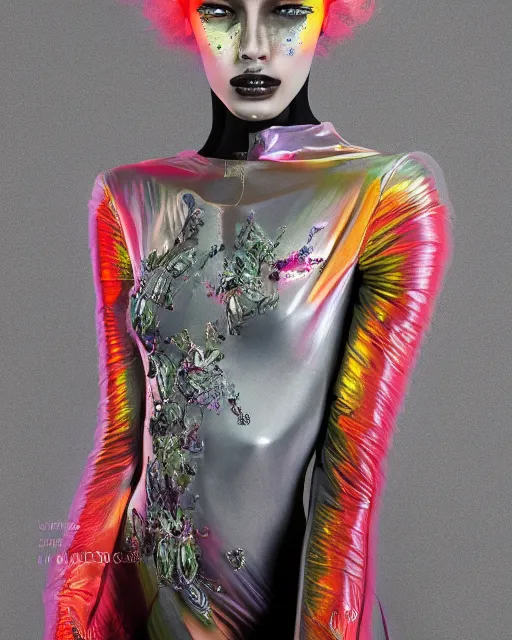 Prompt: a beautiful hyperrealistic ultradetailed, one model looking girl in a magnificent McQueen couture bright clothes on Gray Background for photo, photo studio, studio photography, studio light, photo for magazine, Designer clothes, futuristic clothes, clothes from the future, voge photo, fashion style, fullbody, in full growth, Clear facial features, photorealistic, high resolution, highly detailed, details, good clear quality