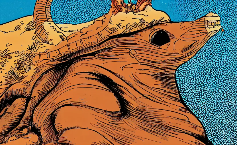 Image similar to incredible eye catching comic panel showing a desert mouse riding a sandworm of the deep desert, close up shot of the mouse's face struggling to steer the beast