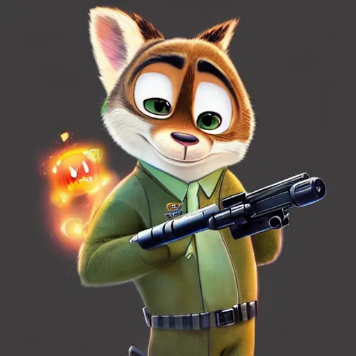 Image similar to “ animal character in the style of zootopia holding laser gun, floating alone, with a black dark background, digital art, award winning, trending on art station ”