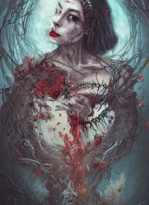 Image similar to Queen of Hearts, Alice in Wonderland, Death Tarot card,highly detailed,half skull face,cinematic,8k,by Stanley Artgermm,Tom Bagshaw,Greg Rutkowski,Carne Griffiths, Ayami Kojima, Beksinski, Giger,trending on DeviantArt,hyper detailed,horror, full of colour