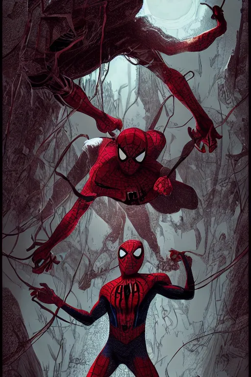 Image similar to spiderman in sleepy hollow, full body, big two toned eyes, teeth gritted, horror, intricate details, cinematic, epic, realistic, anatomy, tomer hanuka, uplight, artstation, photorealistic, scary