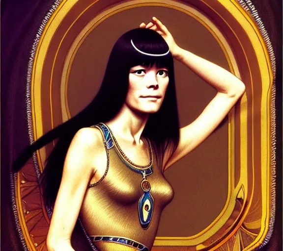 Image similar to photography young francoise hardy with hands - up and hairy armpits, dressed like cleopatra, deep focus, intricate, elegant, highly detailed, digital painting, artstation, concept art, matte, sharp focus, illustration, art by artgerm and greg rutkowski and alphonse mucha and gil elvgren