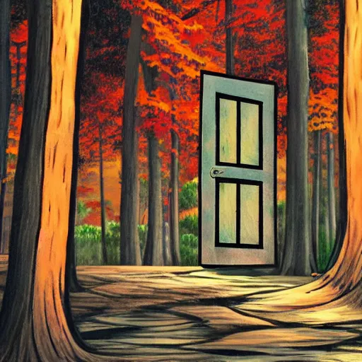 Prompt: a detailed painting in the style of anime of a forest with an open door, behind the open door is a Japanese restaurant