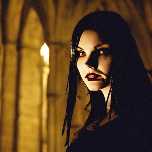 Prompt: elisha cuthbert as a vampire showing her fangs in a gloomy gothic cathedral at night