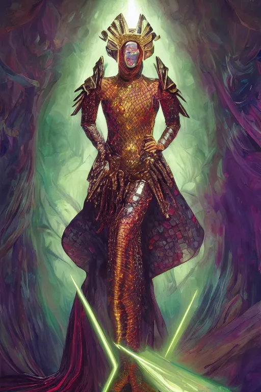 Prompt: masterpiece digital painting of a lady gaga queen reptilian, figure, gold obsidian armor, chaotic ruby inlays, large cape, background, by kev walker and greg rutkowski and mucha, green sparkles, artstation, deviantart, cinematic lights