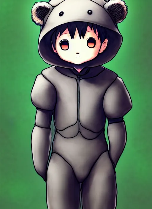 Image similar to beautiful little boy wearing an cyborg bear suit, artwork in kentaro miura and made in abyss and rosdraws, smooth, beautiful lightness, anatomically correct, trending on pixiv, forest