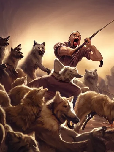 Image similar to a screaming man holding a quartestaff. surrounded by a pack of wolves. intricate, elegant, highly detailed, digital painting, artstation, concept art, sharp focus, illustration, by justin gerard and artgerm, 8 k