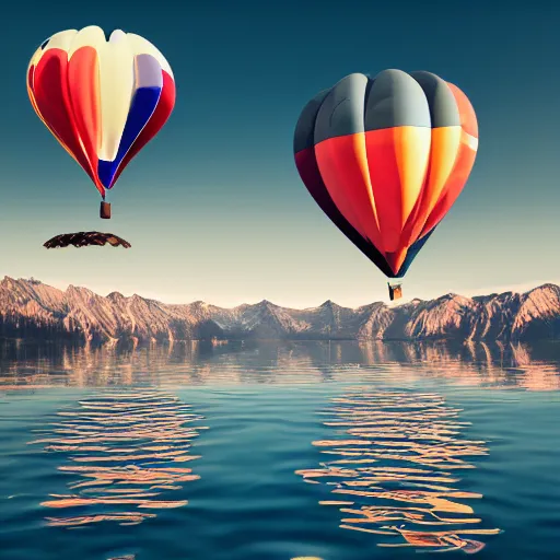 Image similar to photo of two black swans swimming in a beautiful reflective mountain lake, touching heads, forming a heart with their necks, a colorful hot air balloon is flying above the swans, hot air balloon, intricate, portrait, 8k highly professionally detailed, HDR, CGsociety, octane render, 4k