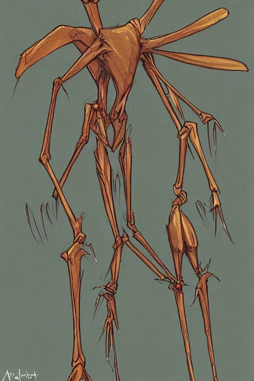 Prompt: antropromorphic stick insect, stick insect standing and talking like a human being, fantasy concept art, drawing by Don Bluth