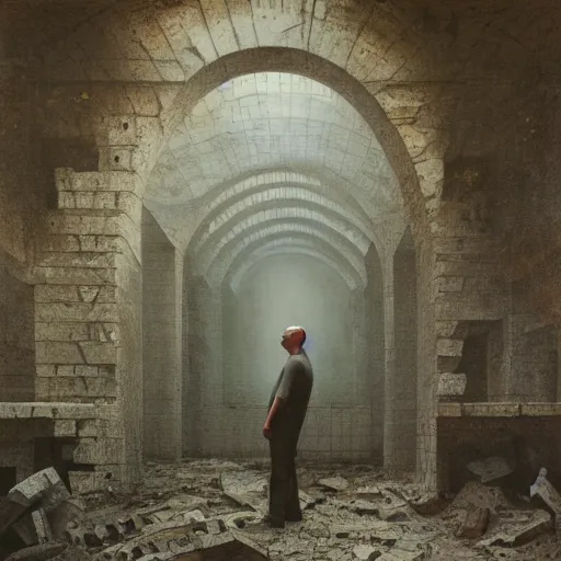 Prompt: beautiful portrait of anthony fantano, theneedledrop, standing in brutalist ruins, painted by zdzislaw beksinski