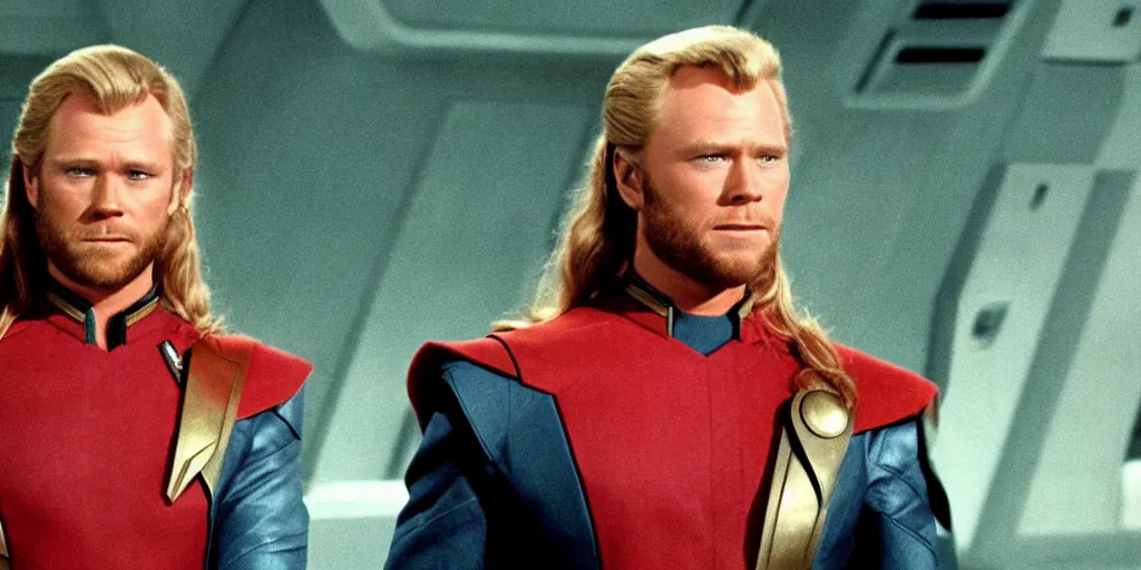 Image similar to Thor, in starfleet uniform, in the role of Captain Kirk in a scene from Star Trek the original series