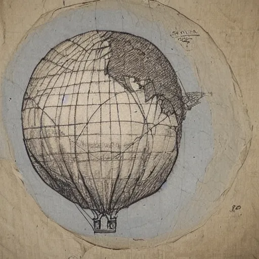 Prompt: “an ancient sketch in a on parchment of a hot-air balloon flying between fluffy white clouds, the balloon fabric is made of a round spherical world map of the earth.”