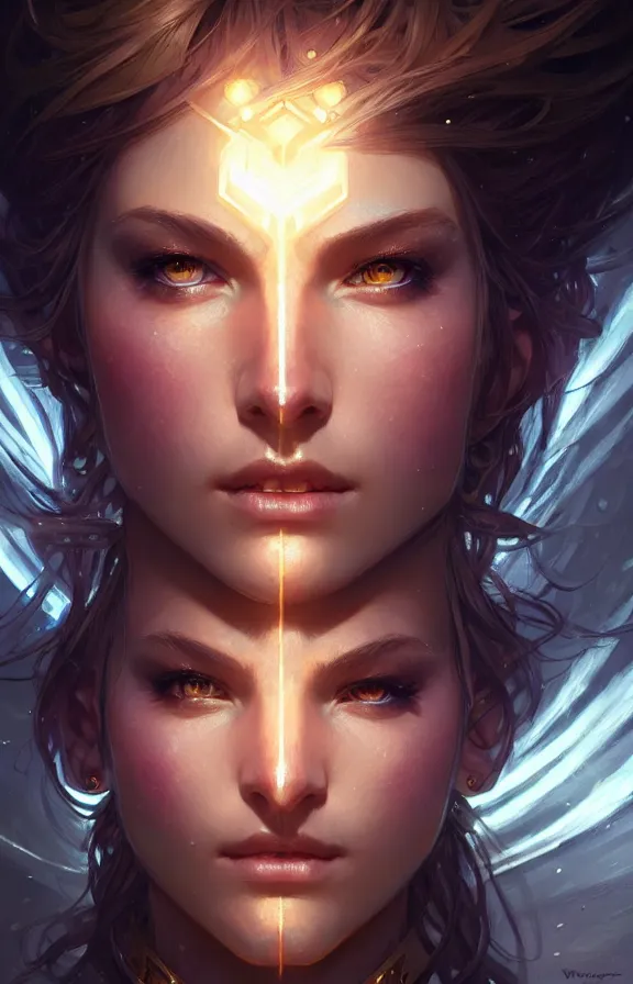 Prompt: Paladin face close-up macro in center, fantasy magic, undercut hairstyle, dark light night, intricate, elegant, sharp focus, illustration, highly detailed, digital painting, concept art, matte, art by WLOP and Artgerm and Greg Rutkowski and Alphonse Mucha, masterpiece