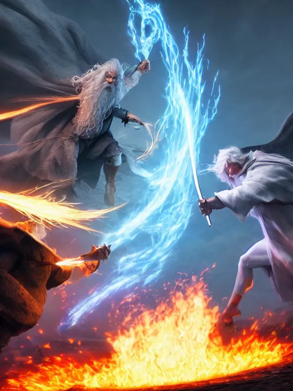 Image similar to photo of 8k ultra realistic Gandalf fighting the balrog, full of colour, cinematic lighting, battered, trending on artstation, 4k, hyperrealistic, focused, extreme details,unreal engine 5, cinematic, masterpiece, art by studio ghibli