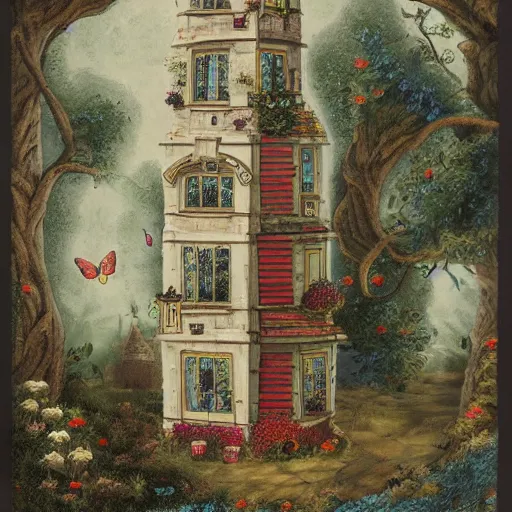 Prompt: a house with a tower, owl, butterflies, berries, lowbrow in the style of christian beijer, 8 k, from far away,