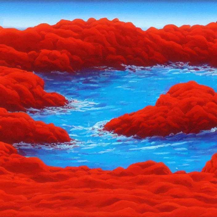 Image similar to a alien planet with a red ocean and blue sand and rocks at sunrise, bob ross painting, high coherence, highly detailed, high quality, masterpiece, award - winner, hyperrealistic