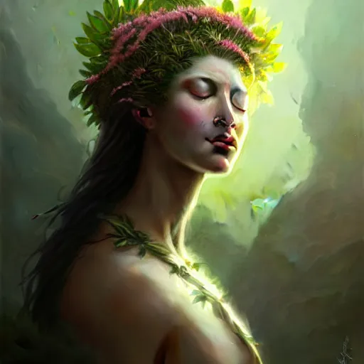 Image similar to a beautiful portrait of a plant goddess with closed eyes by Greg Rutkowski and Raymond Swanland, Trending on Artstation, ultra realistic digital art