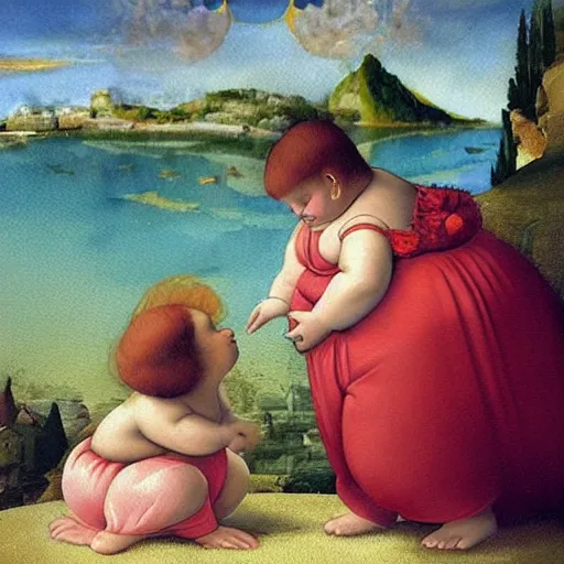 Prompt: a stylize oil painting in renaissance style of a very sweet little fat girl kissing a huge colorful cute fish. red mouth, blue eyes. flowery dress. hyper realistic scene. 3 d, octane render, deep focus, white scene. very funny and sweet image. unreal engine. watercolor. fellini style. poster quality. da vinci painting style. pencil illustration.