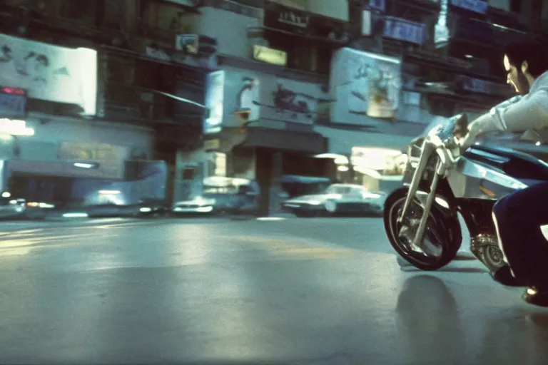 Image similar to beautiful hyperrealism three point perspective film still of Keanu Reeves as neo in bullet time aiming at agent smith in a nice oceanfront promenade motorcycle chase scene in Matrix meets ronin(1990) extreme closeup portrait in style of 1990s frontiers in translucent porcelain miniature street photography fashion edition,, tilt shift style scene background, soft lighting, Kodak Portra 400, cinematic style, telephoto by Emmanuel Lubezki