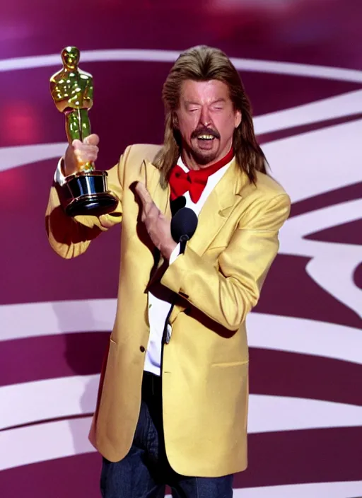 Prompt: an ultra realistic photograph of Joe Dirt winning an oscar, highly detailed, 8k photo