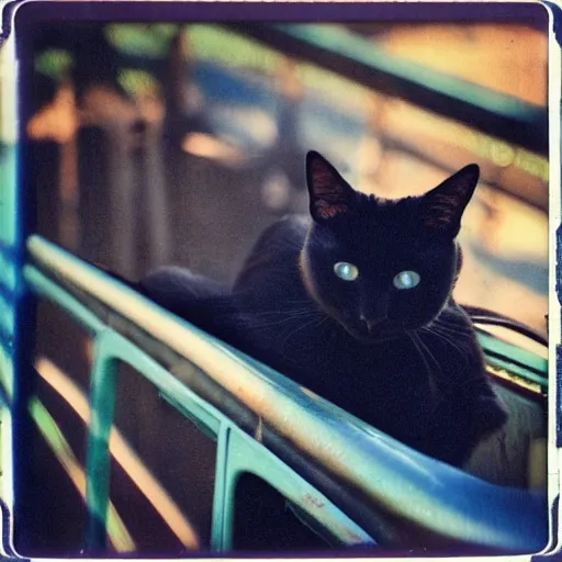 Image similar to black cat on a rollercoaster. the cat is enjoying the ride. sunlight. polaroid photo. saturated colors.