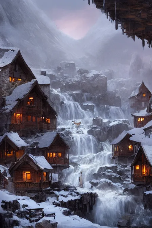 Prompt: mountain village with wooden viking houses on top of a waterfall in the snow, blizzard, a small stream runs beneath the waterfall, landscape, raphael lacoste, eddie mendoza, alex ross, concept art, matte painting, highly detailed, rule of thirds, dynamic lighting, cinematic, detailed, denoised, centerd