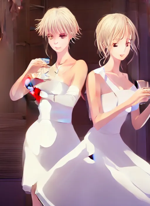 Image similar to two beautiful mature women in a summer home, wearing white dresses, gorgeous faces, cinematic lighting, detailed anime art