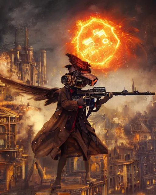 Image similar to oil painting of Anthropomorphized Steampunk Owl shooting steampunk gun, sharp focus, exploding golden steampunk city background, heroic pose, fantasy style, octane render, volumetric lighting, 8k high definition, by greg rutkowski, highly detailed, trending on art Station, magic the gathering artwork, centered, dramatic artwork