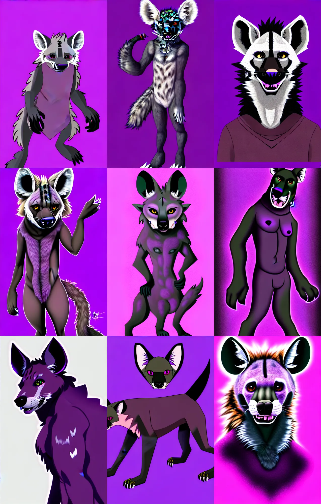 Prompt: a full - body centered front - perspective furry fursona portrait, a male hyena fursona, purple and black color scheme, trending on weasyl, high - resolution, photorealistic